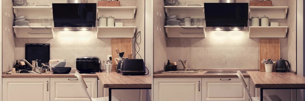 Modern,Kitchen,Before,And,After,Cleaning,And,Washing,Up,Dirty